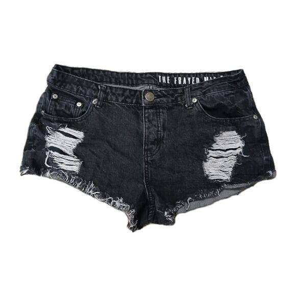 The Frayed Mid Rise Black Distressed Denim Shorts Women’s Size 10 Raw Hem Button - Picture 1 of 8